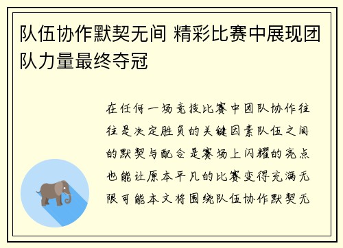 队伍协作默契无间 精彩比赛中展现团队力量最终夺冠