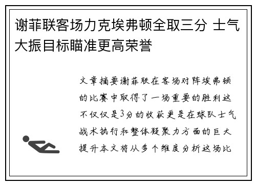 谢菲联客场力克埃弗顿全取三分 士气大振目标瞄准更高荣誉