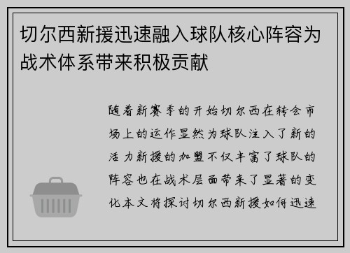 切尔西新援迅速融入球队核心阵容为战术体系带来积极贡献