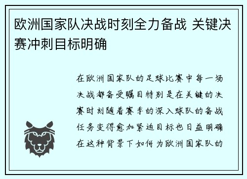欧洲国家队决战时刻全力备战 关键决赛冲刺目标明确