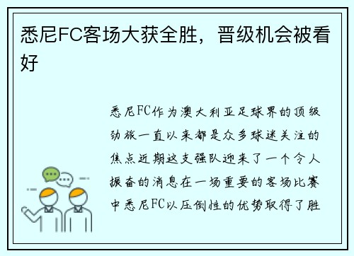 悉尼FC客场大获全胜，晋级机会被看好
