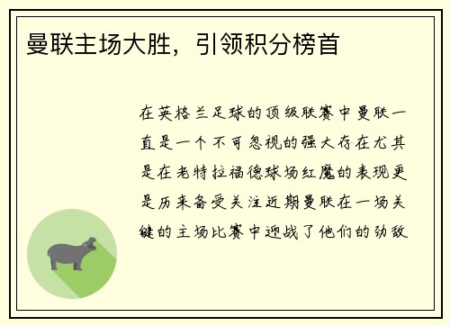 曼联主场大胜，引领积分榜首