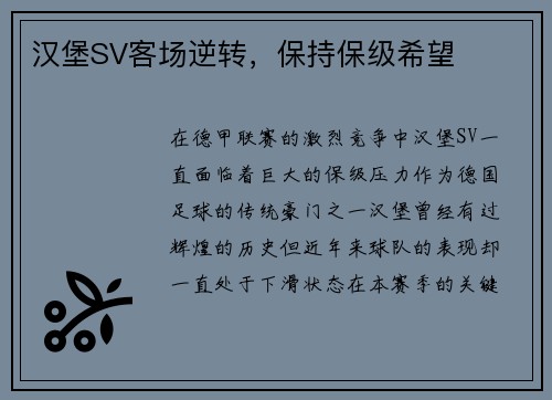 汉堡SV客场逆转，保持保级希望