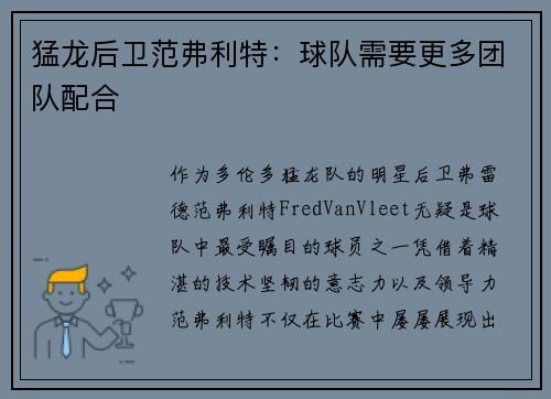 猛龙后卫范弗利特：球队需要更多团队配合
