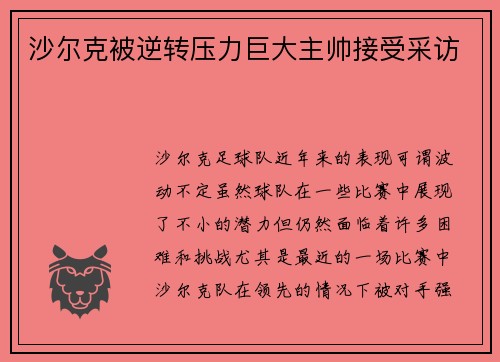 沙尔克被逆转压力巨大主帅接受采访