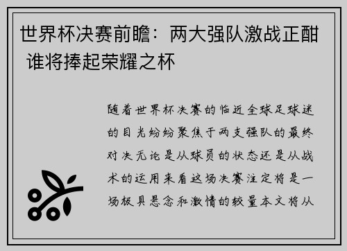 世界杯决赛前瞻：两大强队激战正酣 谁将捧起荣耀之杯