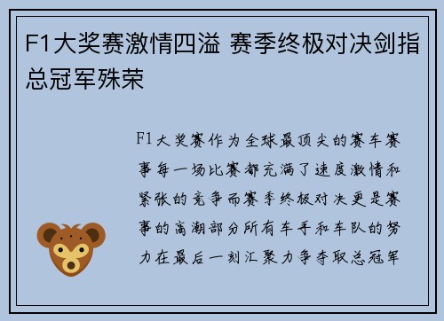 F1大奖赛激情四溢 赛季终极对决剑指总冠军殊荣