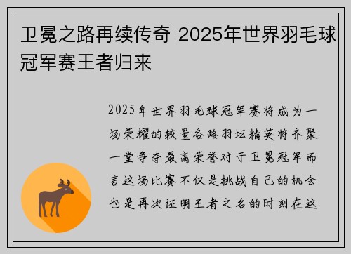 卫冕之路再续传奇 2025年世界羽毛球冠军赛王者归来