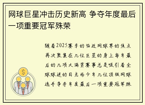 网球巨星冲击历史新高 争夺年度最后一项重要冠军殊荣