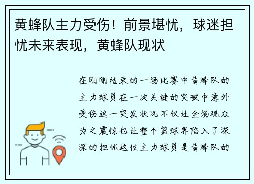 黄蜂队主力受伤！前景堪忧，球迷担忧未来表现，黄蜂队现状